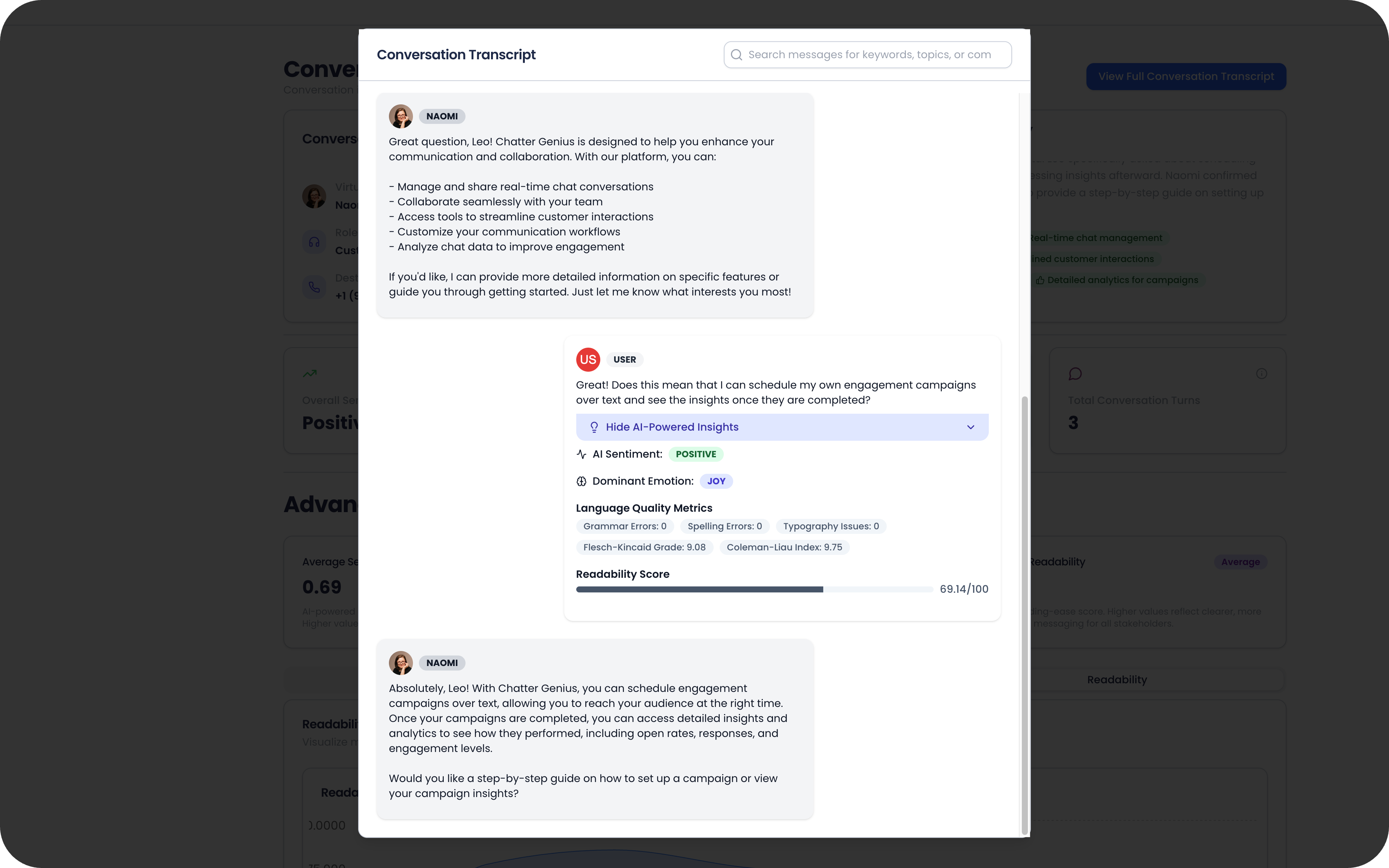 Chatter Genius conversation transcript with AI analysis